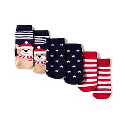 Cute Walk by Babyhug Knit Ankle Length Anti Bacterial Socks with Bear & Star Design Pack of 3 - Brown Navy Blue & Red