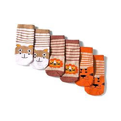Cute Walk by Babyhug Knit Ankle Length Anti Bacterial Socks with Lion & Tiger Design Pack of 3 -  Brown & Orange