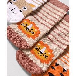 Cute Walk by Babyhug Knit Ankle Length Anti Bacterial Socks with Lion & Tiger Design Pack of 3 -  Brown & Orange