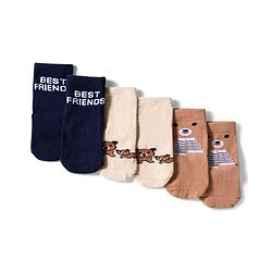 Cute Walk by Babyhug Knit Ankle Length Anti Bacterial Socks with Text & Bear Design Pack of 3 - Brown & Blue