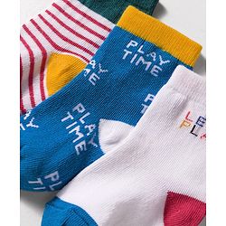 Cute Walk by Babyhug Knit Ankle Length Anti Bacterial Socks with Text & Stripe Design Pack of 3 - White Blue & Red