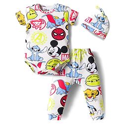 Babyhug Disney Interlock Knit Half Sleeves Onesie & Diaper Legging With Pony Cap Set  Disney Character Print- White