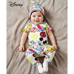 Babyhug Disney Interlock Knit Half Sleeves Onesie & Diaper Legging With Pony Cap Set  Disney Character Print- White