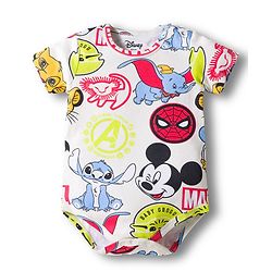 Babyhug Disney Interlock Knit Half Sleeves Onesie & Diaper Legging With Pony Cap Set  Disney Character Print- White