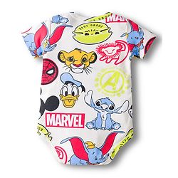 Babyhug Disney Interlock Knit Half Sleeves Onesie & Diaper Legging With Pony Cap Set  Disney Character Print- White