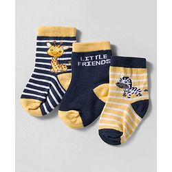 Cute Walk by Babyhug Knit Ankle Length Anti-bacterial Socks with Strips & Animal Pack of 3 - Yellow & Navy Blue
