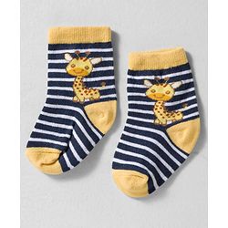 Cute Walk by Babyhug Knit Ankle Length Anti-bacterial Socks with Strips & Animal Pack of 3 - Yellow & Navy Blue