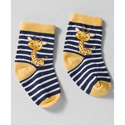 Cute Walk by Babyhug Knit Ankle Length Anti-bacterial Socks with Strips & Animal Pack of 3 - Yellow & Navy Blue