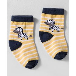 Cute Walk by Babyhug Knit Ankle Length Anti-bacterial Socks with Strips & Animal Pack of 3 - Yellow & Navy Blue