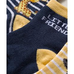 Cute Walk by Babyhug Knit Ankle Length Anti-bacterial Socks with Strips & Animal Pack of 3 - Yellow & Navy Blue