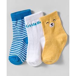 Cute Walk by Babyhug Knit Ankle Length Anti-Bacterial Socks with Stripes & Text Design Pack of 3 - Blue White & Mustered