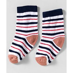 Cute Walk by Babyhug Knit Ankle Length Anti-Bacterial Socks with Stripes & Animal Design Pack of 3 - White & Navy Blue