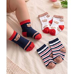 Cute Walk by Babyhug Knit Ankle Length Anti-Bacterial Socks with Stripes & Animal Design Pack of 3 - White & Navy Blue