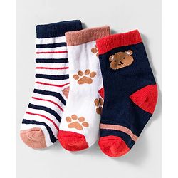 Cute Walk by Babyhug Knit Ankle Length Anti-Bacterial Socks with Stripes & Animal Design Pack of 3 - White & Navy Blue