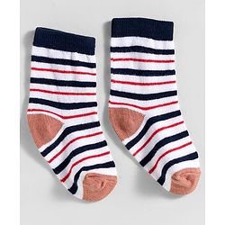 Cute Walk by Babyhug Knit Ankle Length Anti-Bacterial Socks with Stripes & Animal Design Pack of 3 - White & Navy Blue
