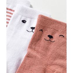 Cute Walk by Babyhug Knit Ankle Length Anti-Bacterial Socks with Stripes & Animal Design Pack of 3 - White & Brown