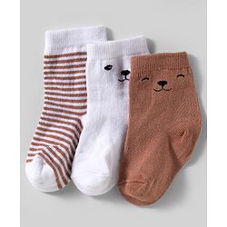 Cute Walk by Babyhug Knit Ankle Length Anti-Bacterial Socks with Stripes & Animal Design Pack of 3 - White & Brown