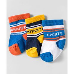 Cute Walk by Babyhug Knit Ankle Length Anti Bacterial Socks With Text Design Pack Of 3 - Yellow Blue & Orange