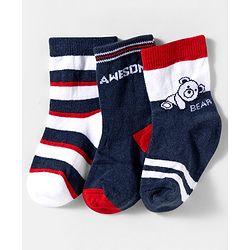 Cute Walk by Babyhug Knit Ankle Length Anti Bacterial Socks With Text Design Pack Of 3 - Navy Blue & White