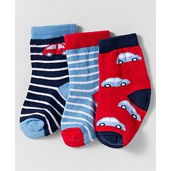 Cute Walk by Babyhug Knit Ankle Length Anti Bacterial Socks With Stripes & Vehicle Design Pack Of 3 - Blue & Red