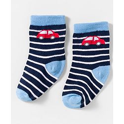 Cute Walk by Babyhug Knit Ankle Length Anti Bacterial Socks With Stripes & Vehicle Design Pack Of 3 - Blue & Red