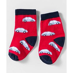 Cute Walk by Babyhug Knit Ankle Length Anti Bacterial Socks With Stripes & Vehicle Design Pack Of 3 - Blue & Red