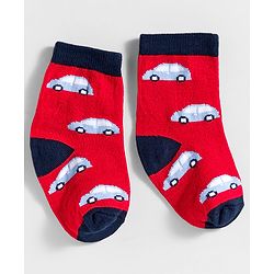 Cute Walk by Babyhug Knit Ankle Length Anti Bacterial Socks With Stripes & Vehicle Design Pack Of 3 - Blue & Red