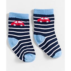 Cute Walk by Babyhug Knit Ankle Length Anti Bacterial Socks With Stripes & Vehicle Design Pack Of 3 - Blue & Red