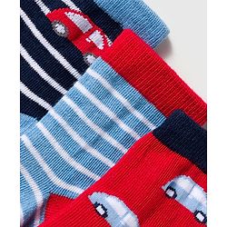 Cute Walk by Babyhug Knit Ankle Length Anti Bacterial Socks With Stripes & Vehicle Design Pack Of 3 - Blue & Red