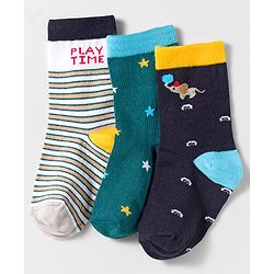 Cute Walk by Babyhug Knit Ankle Length Anti Bacterial Socks With Text Design Pack Of 3 - Navy Blue & White