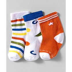 Cute Walk by Babyhug Knit Ankle Length Anti Bacterial Socks With Stripes Design Pack Of 3 - Orange & White