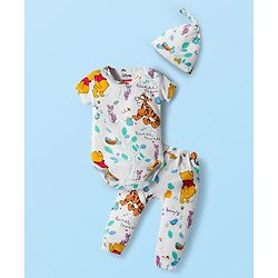 Babyhug Disney Interlock Knit Half Sleeves Onesie & Diaper Legging With Pony Cap Set  Winnie the Pooh Print- White