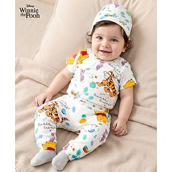 Babyhug Disney Interlock Knit Half Sleeves Onesie & Diaper Legging With Pony Cap Set  Winnie the Pooh Print- White