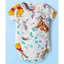 Babyhug Disney Interlock Knit Half Sleeves Onesie & Diaper Legging With Pony Cap Set  Winnie the Pooh Print- White
