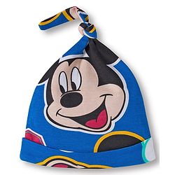 Babyhug Disney Interlock Knit Half Sleeves Onesie with Diaper Legging & Pony Cap Set with Mickey Mouse Print - Blue