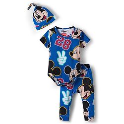 Babyhug Disney Interlock Knit Half Sleeves Onesie with Diaper Legging & Pony Cap Set with Mickey Mouse Print - Blue