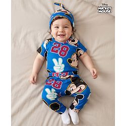 Babyhug Disney Interlock Knit Half Sleeves Onesie with Diaper Legging & Pony Cap Set with Mickey Mouse Print - Blue