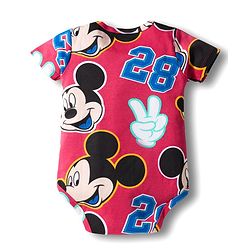 Babyhug Disney Interlock Knit Half Sleeves Onesie & Diaper Legging with Pony Cap Set  Mickey Mouse Print - Red