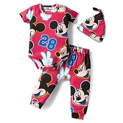 Babyhug Disney Interlock Knit Half Sleeves Onesie & Diaper Legging with Pony Cap Set  Mickey Mouse Print - Red