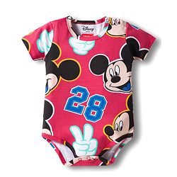 Babyhug Disney Interlock Knit Half Sleeves Onesie & Diaper Legging with Pony Cap Set  Mickey Mouse Print - Red