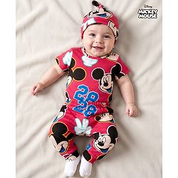 Babyhug Disney Interlock Knit Half Sleeves Onesie & Diaper Legging with Pony Cap Set  Mickey Mouse Print - Red