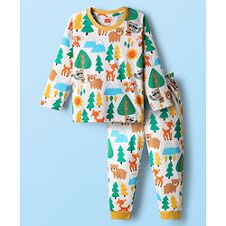 Babyhug Cotton Knit Full Sleeves Co-ords Night Suit with Jungle Theme Print - White
