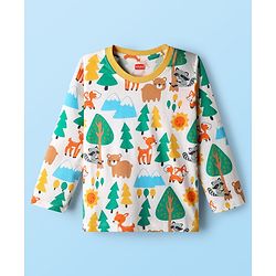 Babyhug Cotton Knit Full Sleeves Co-ords Night Suit with Jungle Theme Print - White