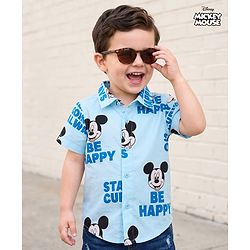 Babyhug Disney Woven Half Sleeves Shirts With Mickey Mouse Print - Blue