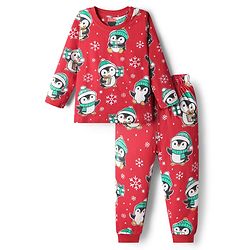 Babyhug Knit Full Sleeves Winter Wear Co-ords Night Suit With Penguin Print - Red