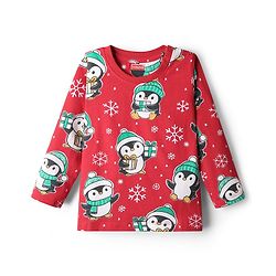 Babyhug Knit Full Sleeves Winter Wear Co-ords Night Suit With Penguin Print - Red