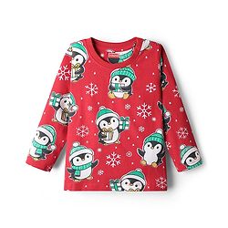 Babyhug Knit Full Sleeves Winter Wear Co-ords Night Suit With Penguin Print - Red