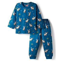 Babyhug Cotton Knit Full Sleeves Night Suit with Reindeer Print - Blue