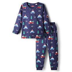 Babyhug Cotton Knit Full Sleeves Co-ords Night Suit with Christmas Print - Navy Blue