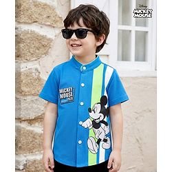 Babyhug Disney Single Jersey Woven Half Sleeves Shirt with Mickey Mouse Graphic - Blue